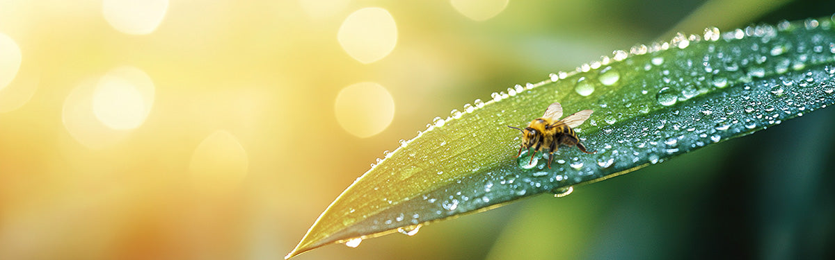 Leaf with a bee and water droplets on a blurred background